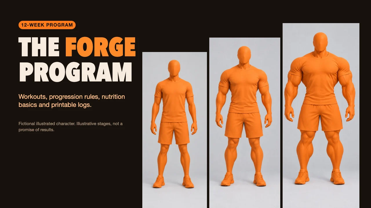 The Forge Program cover, showing the three illustrative character stages